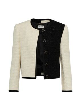 Saint Laurent Two-Tone Tweed Cropped Jacket in Cream & Black 38fr
